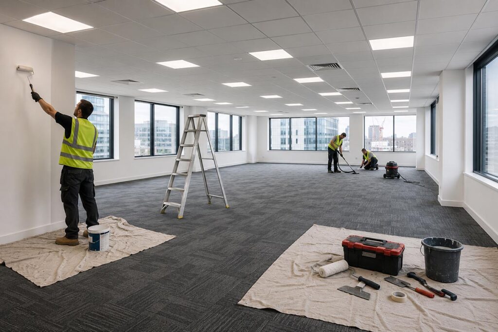 Workmen performing office renovation work