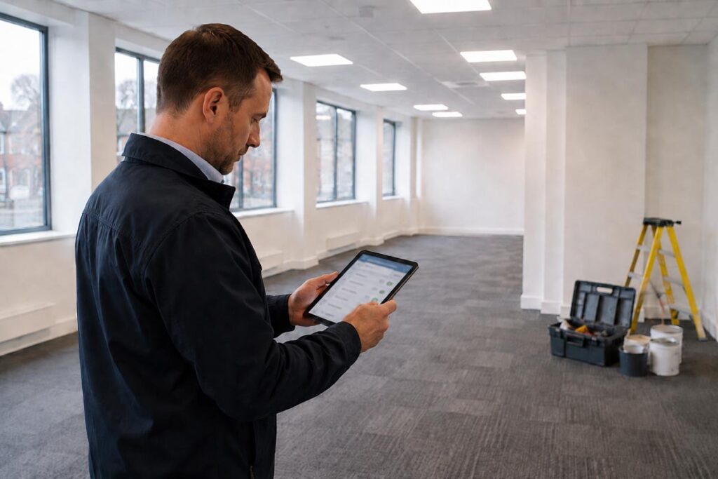 Man reviewing checklist for office renovation, commercial property renovation